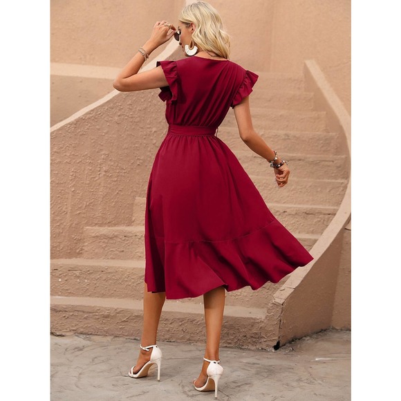 Butterfly Sleeve Ruffle Trim Wrap Hem Belted high low midi Dress - Picture 3 of 11